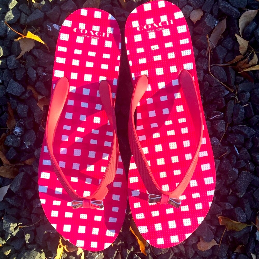 Coach Amel Poppy/Pink Gingham Flip Flops Size 10